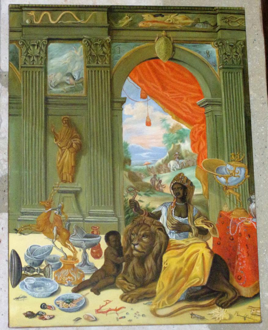  Jan Van Kessel &#34;La Reine et le fils africains avec le lion dans le palais&#34;, Dim: 80 x60cm - Prix:200,00 €  